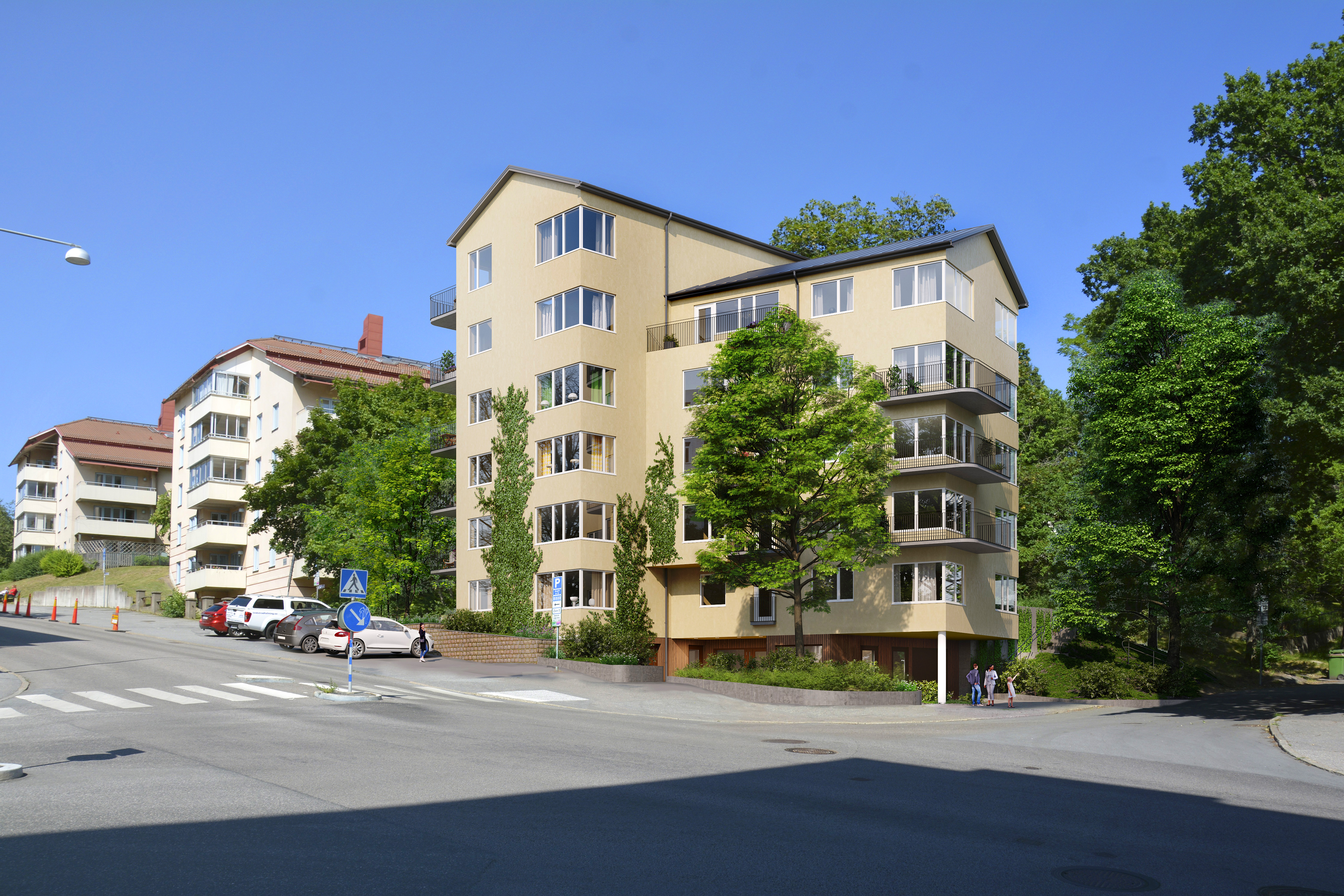 Visionsbild av det nya huset sett från korsningen Albygatan/Humblegatan.