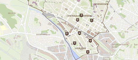 Karta med markerade platser för litterära skyltar i Sundbyberg