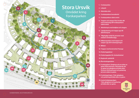 Karta över Stora Ursvik med beskrivningar av vad som pågår.