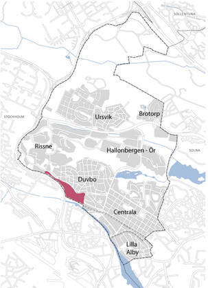 Röd markering visar planområdets läge i kommunen.