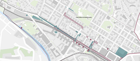 Karta med markering av pågående och planerade byggarbeten i centrala Sundbyberg.