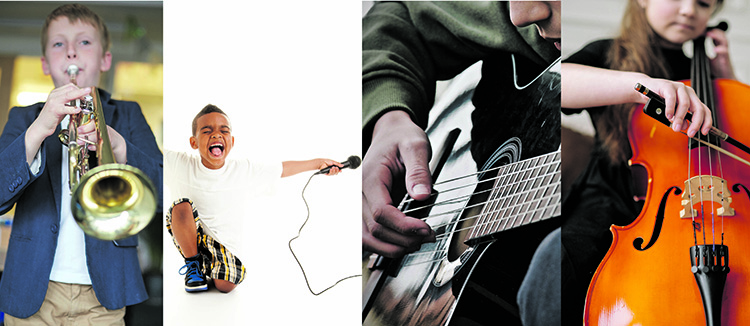 Barn och ungdomar som sjunger och spelar instrument