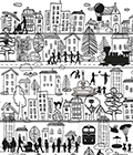 Svartvit illustration av en stad med hus, människor och tåg