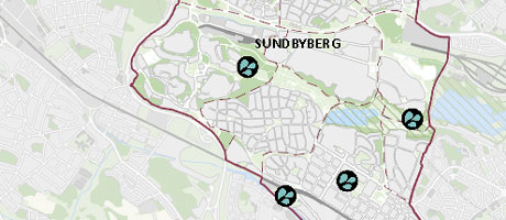 Kartbild över Sundbyberg med plaskdammarna utmarkerade
