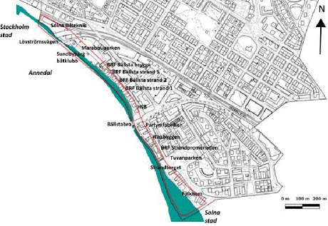 Karta över Strandpromenaden gränsande till Stockholm i norr och till Solna i söder. 