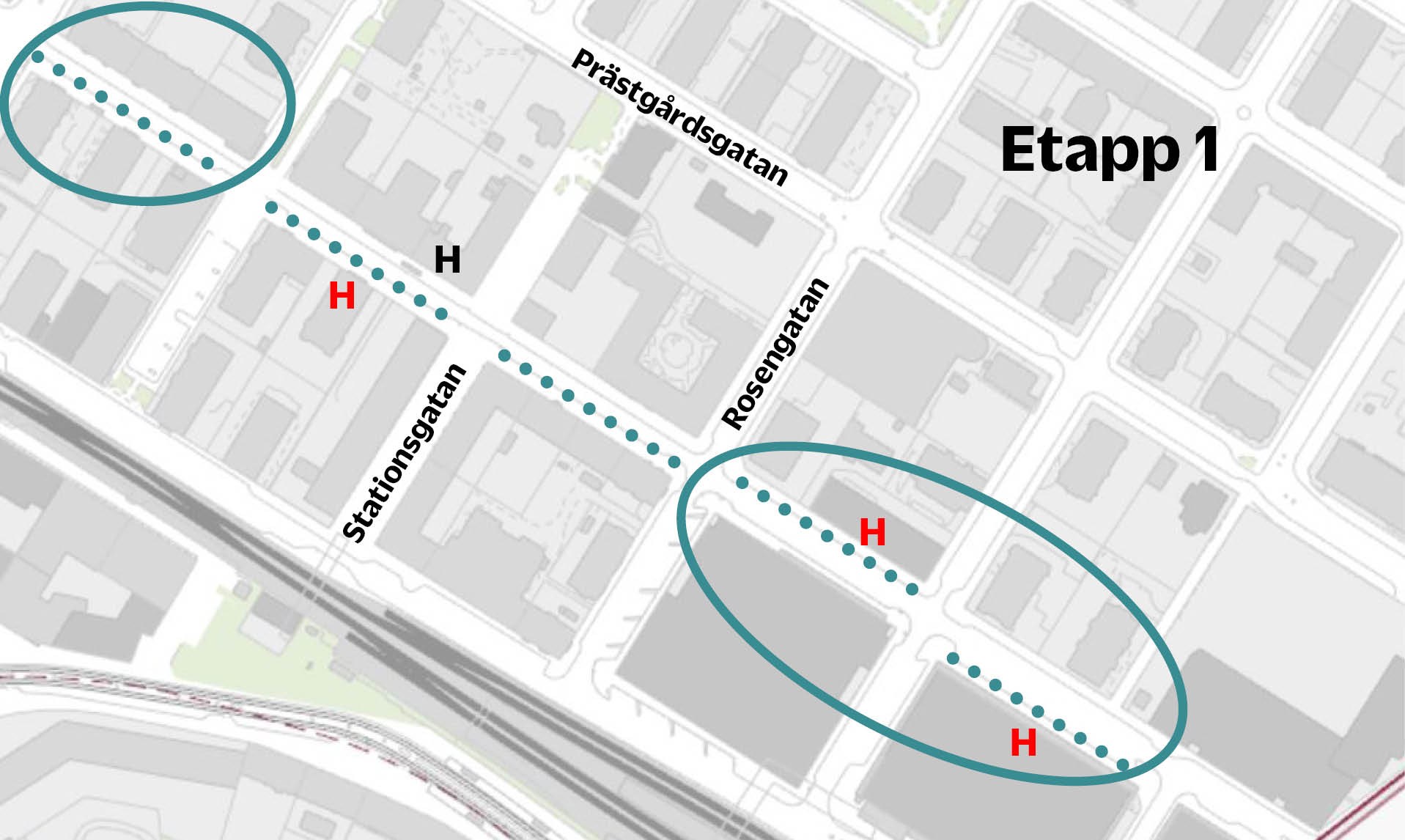 Karta över Sturegatan, Sundbyberg. Trafikverkets ungefärliga arbetsområden och nya hållplatslägen för buss markerade.