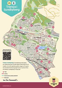 Karta över Sundbyberg där platserna med frågor i gång- och cykelorienteringen är markerade