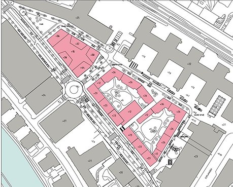 Planområdet. Befintliga byggnader är grå och den nya föreslagna rosa.