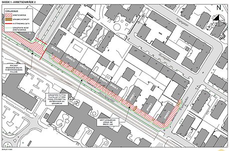 Järnvägsgatan. Karta över arbetsområde 2, skede 1, mellan Esplanaden och Fredsgatan.